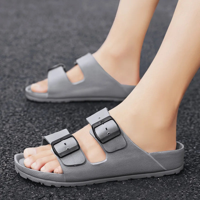 Men's Double Buckle EVA Slippers, Solid Anti-Slip Thick Sole Indoor Home & Outdoor Beach Shoes