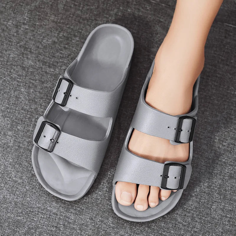 Men's Double Buckle EVA Slippers, Solid Anti-Slip Thick Sole Indoor Home & Outdoor Beach Shoes