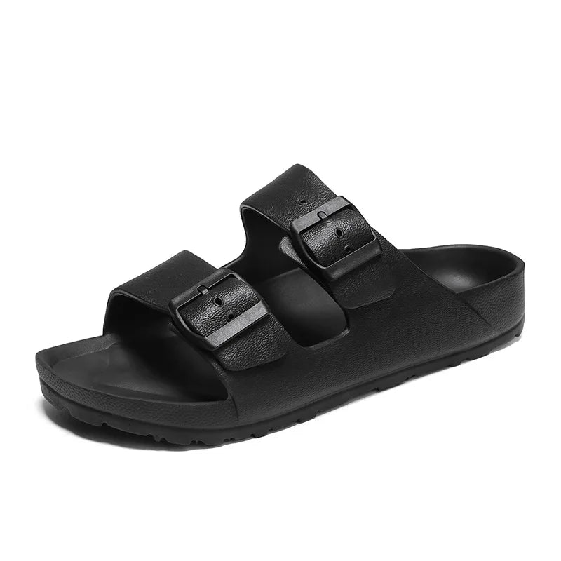 Men's Double Buckle EVA Slippers, Solid Anti-Slip Thick Sole Indoor Home & Outdoor Beach Shoes