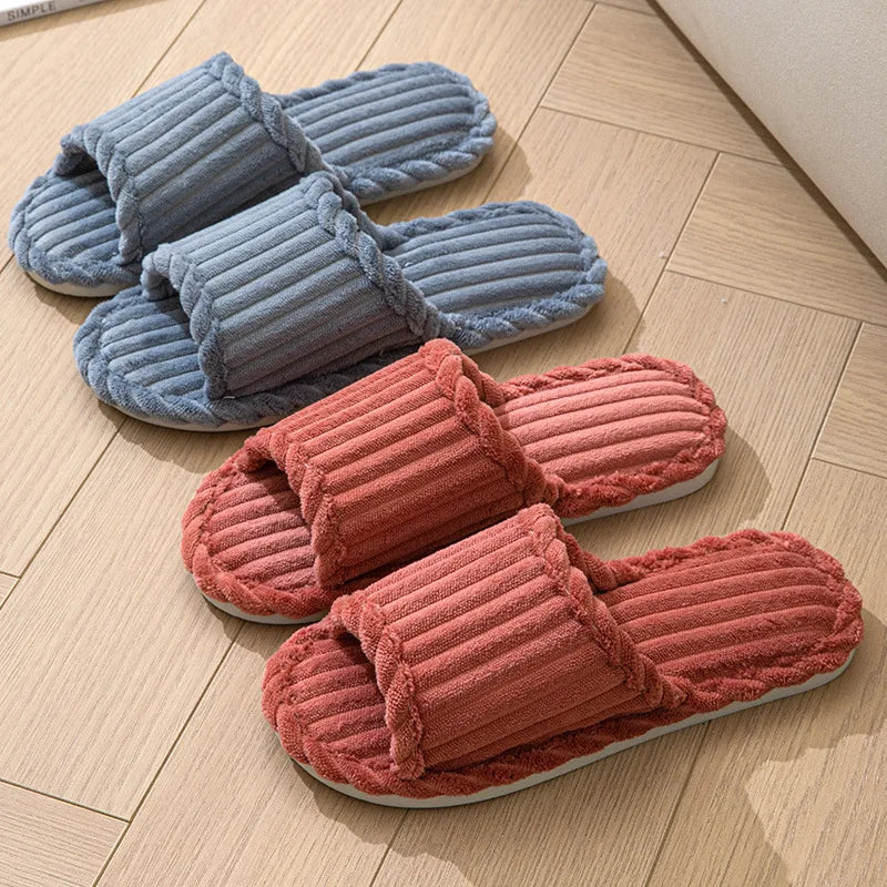 Couple Plush Indoor House Slippers for Men & Women, Warm Soft Non-Slip Corduroy Winter Slippers