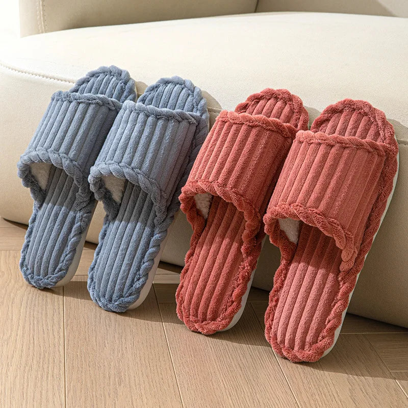Couple Plush Indoor House Slippers for Men & Women, Warm Soft Non-Slip Corduroy Winter Slippers