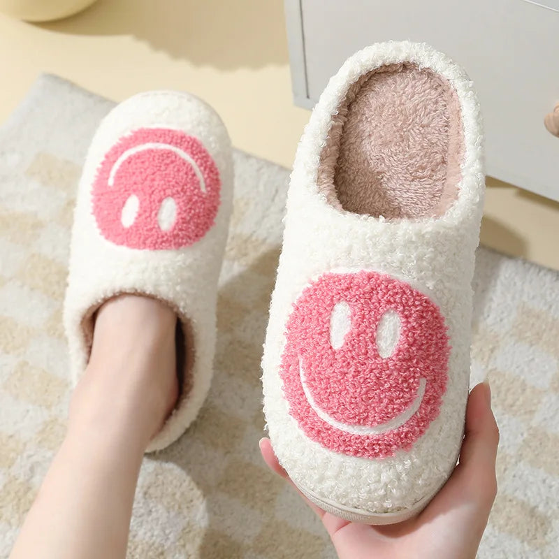 Women's Cute Smile Face Plush Fluffy Fur Slippers, Warm Flat Home Shoes for All Seasons
