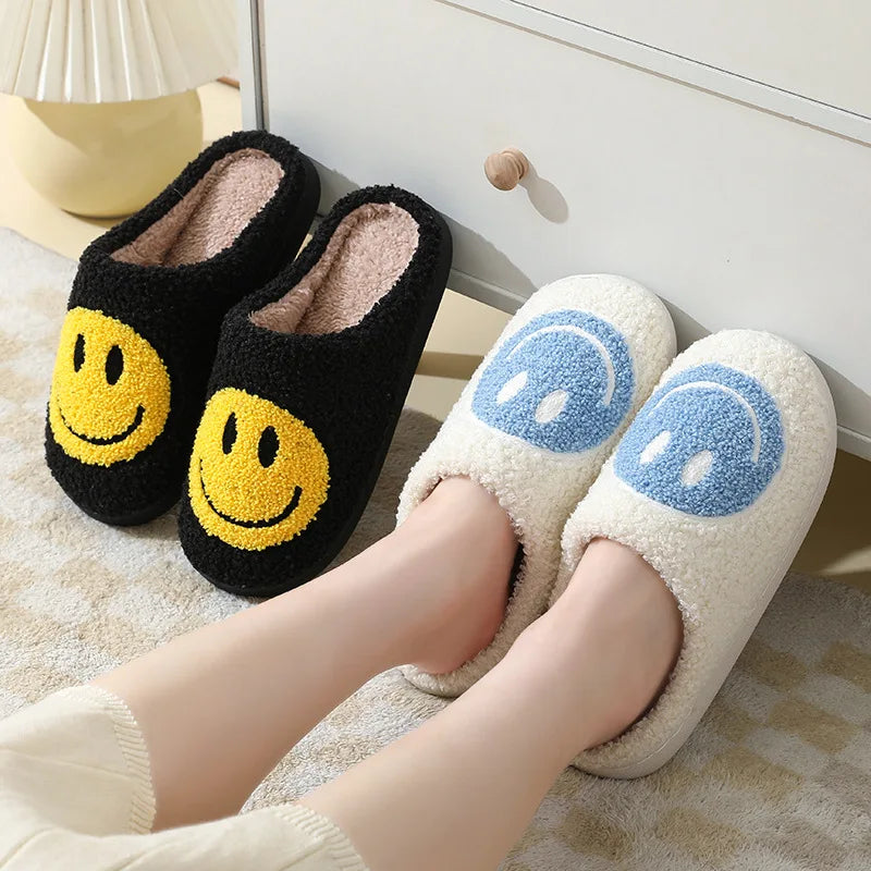 Women's Cute Smile Face Plush Fluffy Fur Slippers, Warm Flat Home Shoes for All Seasons