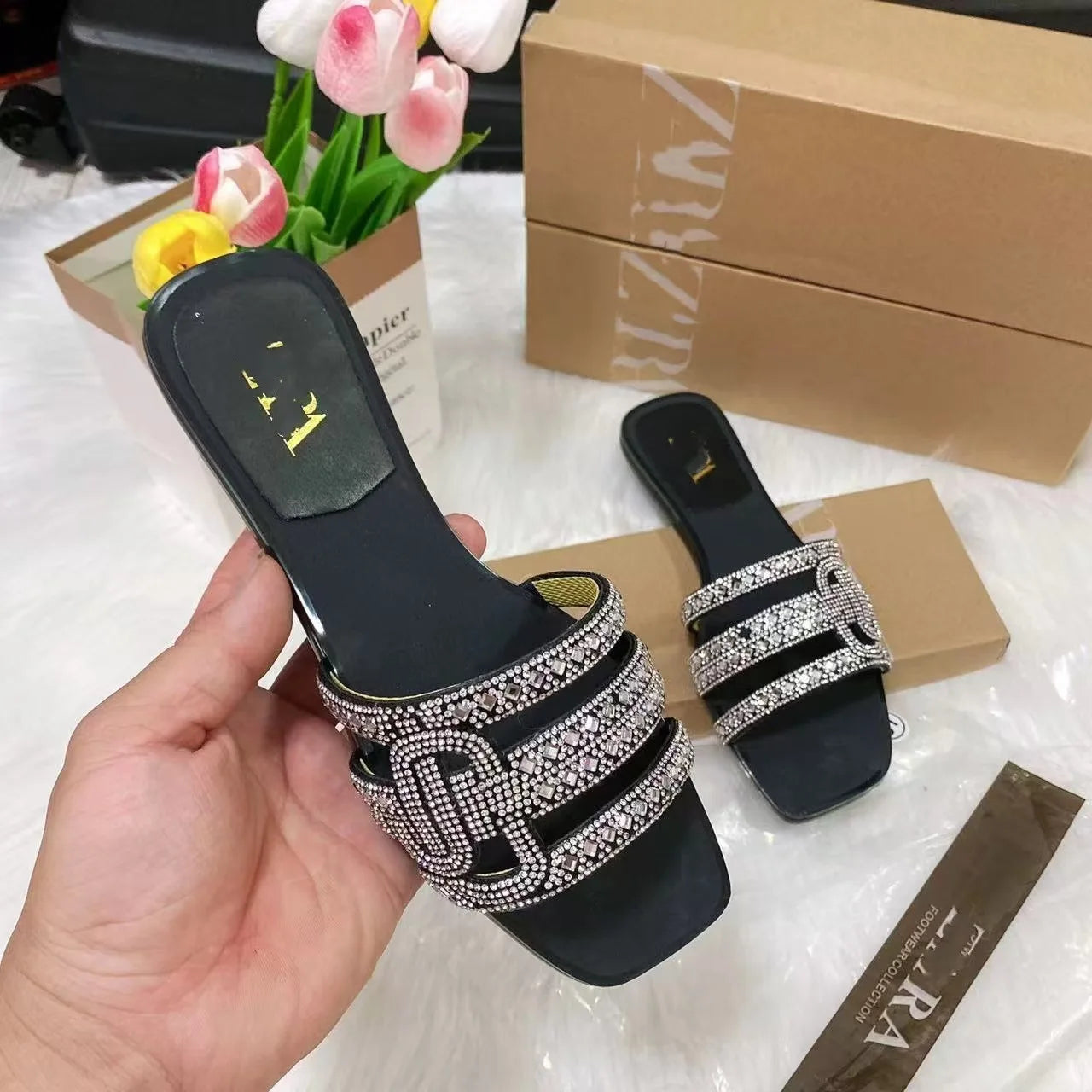 Women's Fashion Rhinestone Square Flat Slides, European American Style Large Size Slippers
