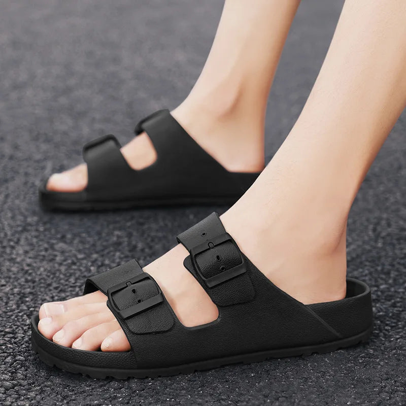 Men's Double Buckle EVA Slippers, Solid Anti-Slip Thick Sole Indoor Home & Outdoor Beach Shoes