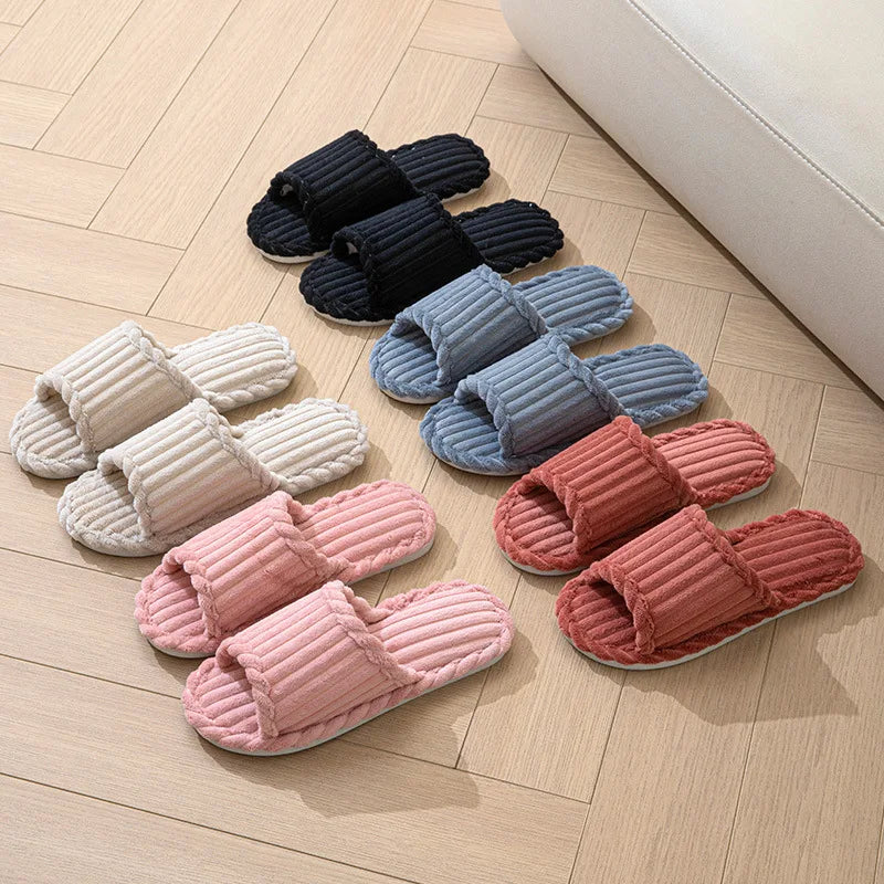 Couple Plush Indoor House Slippers for Men & Women, Warm Soft Non-Slip Corduroy Winter Slippers