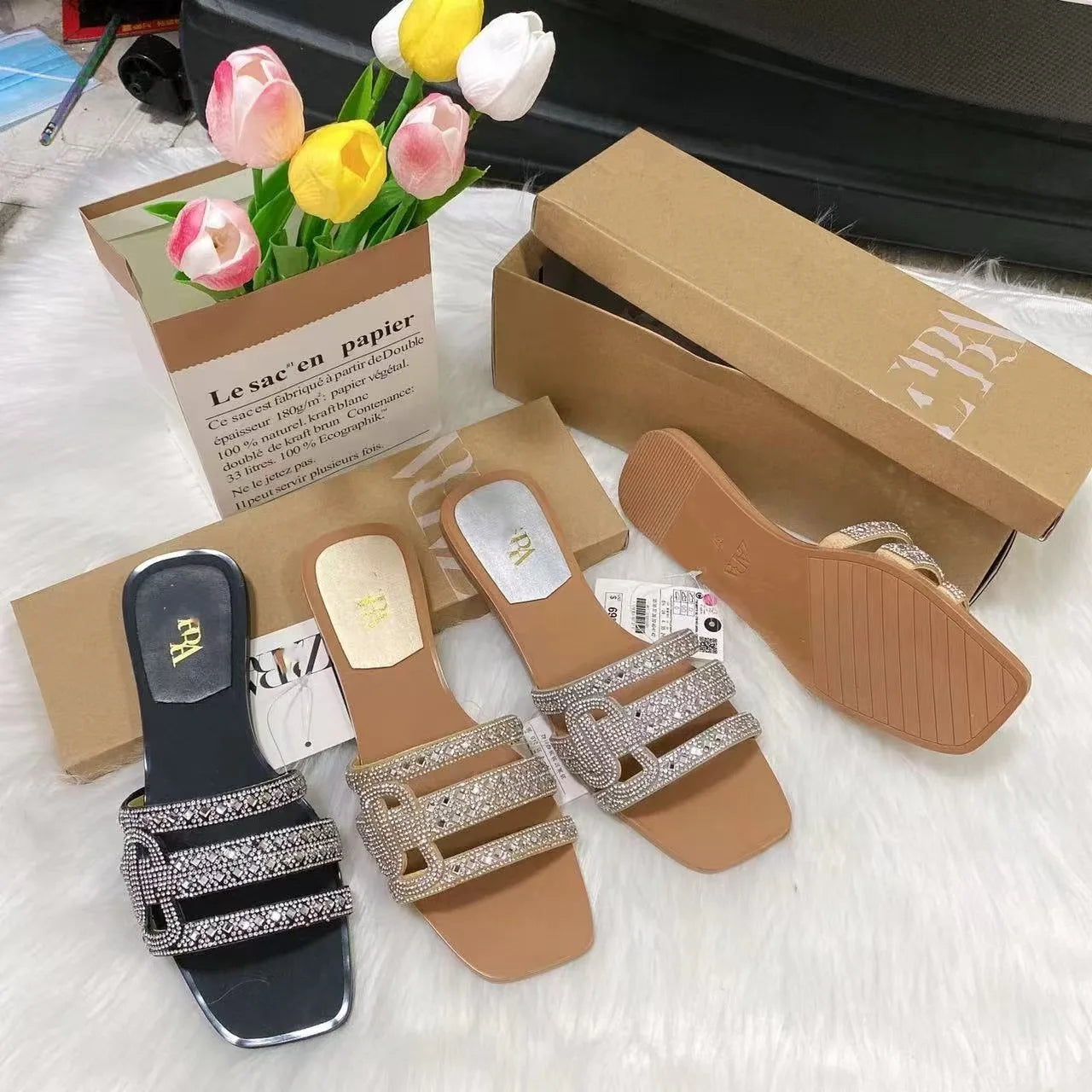 Women's Fashion Rhinestone Square Flat Slides, European American Style Large Size Slippers