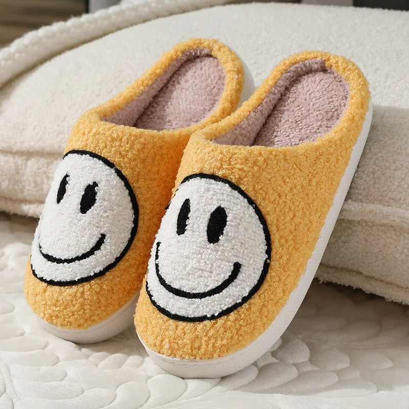 Women's Cute Smile Face Plush Fluffy Fur Slippers, Warm Flat Home Shoes for All Seasons
