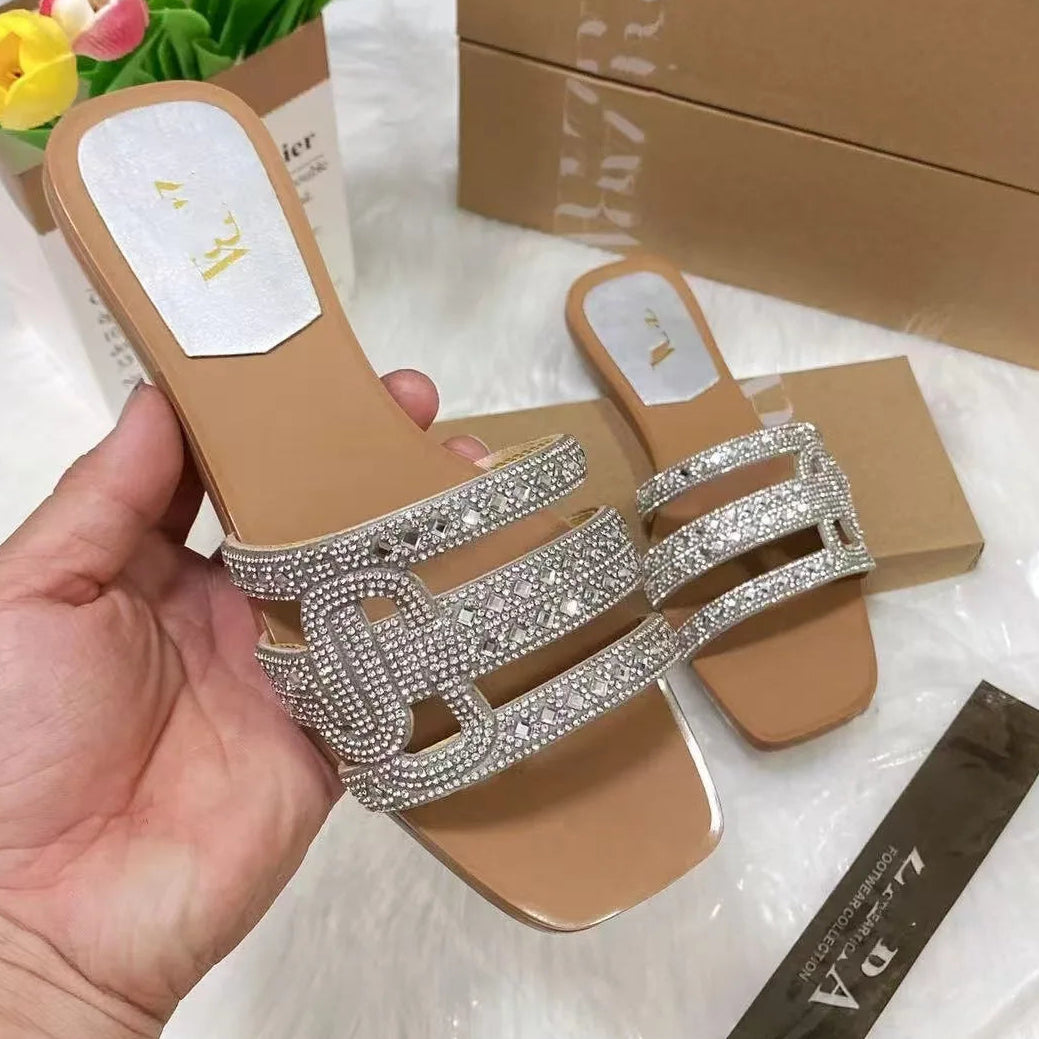 Women's Fashion Rhinestone Square Flat Slides, European American Style Large Size Slippers