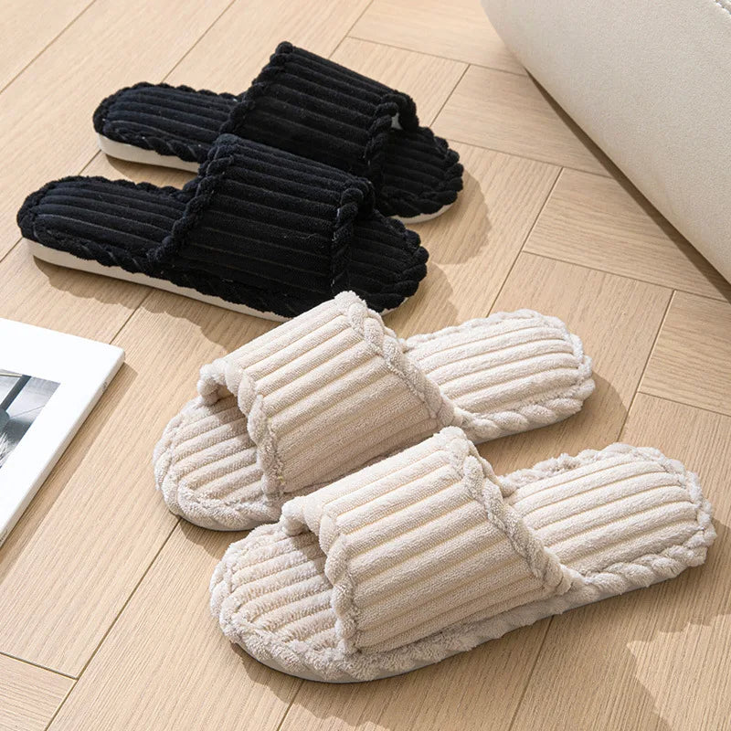 Couple Plush Indoor House Slippers for Men & Women, Warm Soft Non-Slip Corduroy Winter Slippers