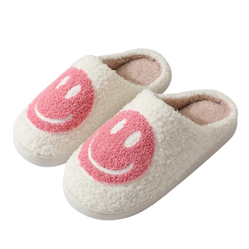 Women's Cute Smile Face Plush Fluffy Fur Slippers, Warm Flat Home Shoes for All Seasons
