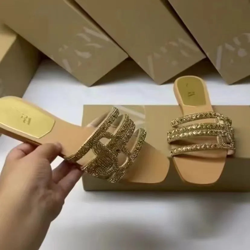 Women's Fashion Rhinestone Square Flat Slides, European American Style Large Size Slippers