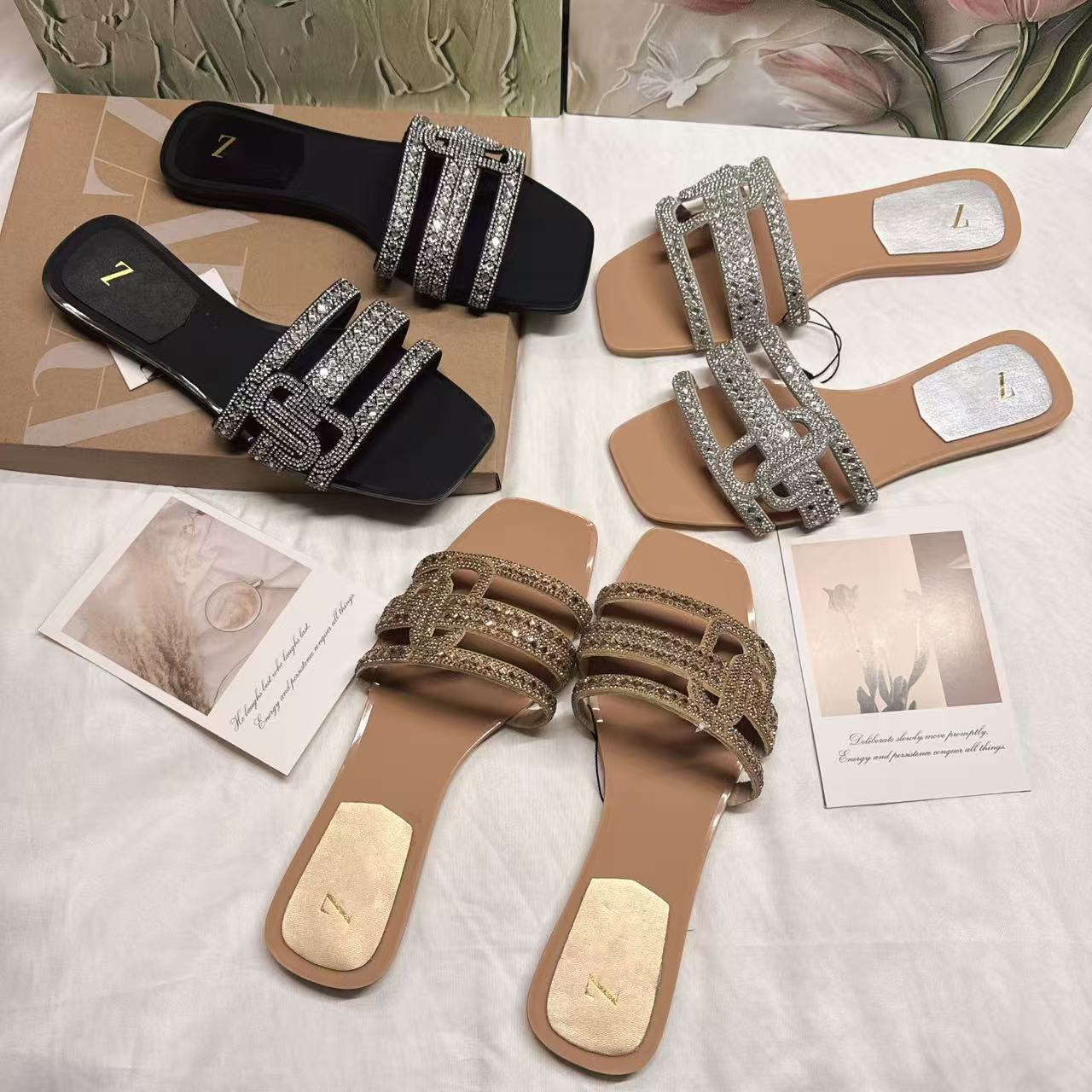 Women's Fashion Rhinestone Square Flat Slides, European American Style Large Size Slippers